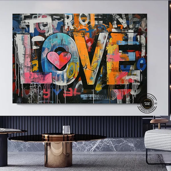 Banksy Graffiti Art Print: Love Hearts, Large Framed Canvas