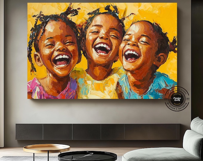 Happy Children Canvas Wall Art, Colorful Kids Painting, Joyful African Kids Artwork, Modern Family Decor, Large Abstract Smile Canvas Print