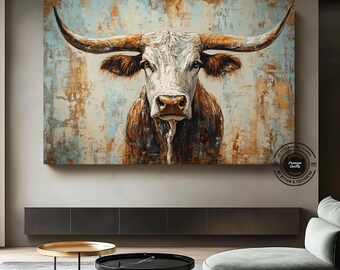 Canvas wanddecoratie met Texas Longhorn-hoorns, rustiek schilderij van een koe in westerse stijl, landelijke decoratie.