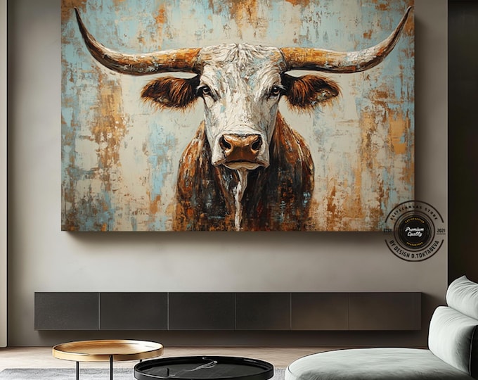 Texas Longhorn Canvas Wall Art, Rustic Western Cow Painting, Farmhouse Decor