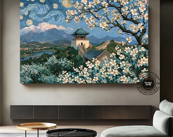 Canvas wanddecoratie met afbeelding van de Chinese Muur, kersenbloesemlandschap en Aziatische natuur.