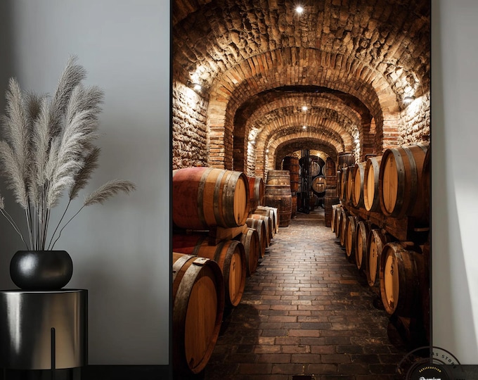 Vintage Wine Cellar Canvas Print – Rustic Barrel Archway Wall Art