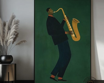 Jazz Saxophone Wall Art, Jazz Music Canvas Print, Saxophone Player Art, Mid Century Music Decor, Green Wall Art, Music Lover Gift