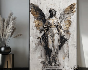 Engelen muurdecoratie, beschermengel canvas, gouden engel schilderij, christelijke muurdecoratie, religieuze kunst, spirituele muurdecoratie, luxe engelendecoratie