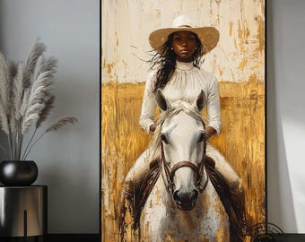 Black Cowgirl Canvas Wall Art, Woman on White Horse Painting, Western Horse Decor, Gold Neutral Ranch Artwork, Modern Cowgirl Wall Art