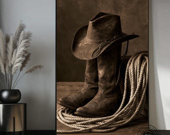 Cowboy Wall Art Canvas, Western Cowboy Boots and Hat Print, Rustic Ranch Decor, Western Wall Decor, Country Farmhouse Art, Cowboy Gift