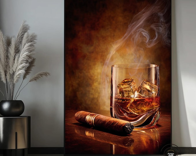 Whiskey & Cigar Wall Art, Luxury Bar Canvas, Smoking Cigar Artwork, Masculine Wall Decor, Scotch Whiskey Glass Print, Man Cave Wall Art