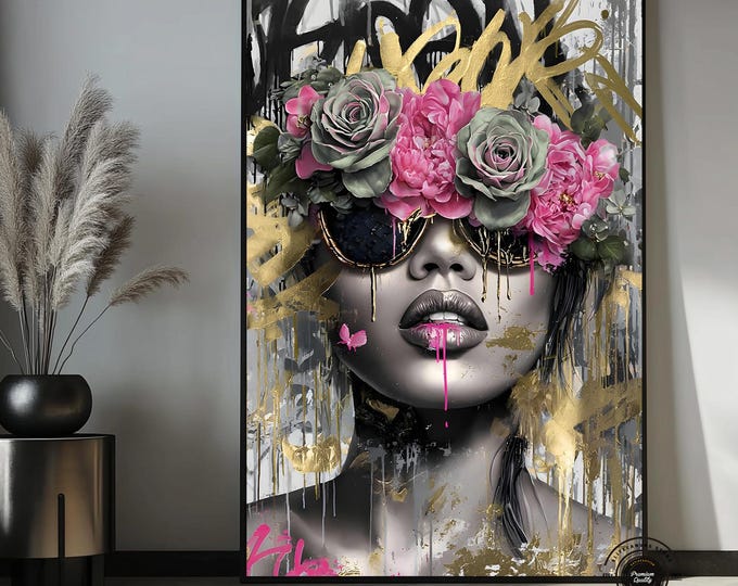 Graffiti Pop Art Woman Canvas, Floral Gold Pink Modern Portrait Wall Art