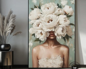 Canvas kunstwerk met witte pioenroos en vrouw, bloemenportret van een vrouw, elegante vrouwelijke wanddecoratie, moderne botanische kunst, luxe canvas voor de slaapkamer