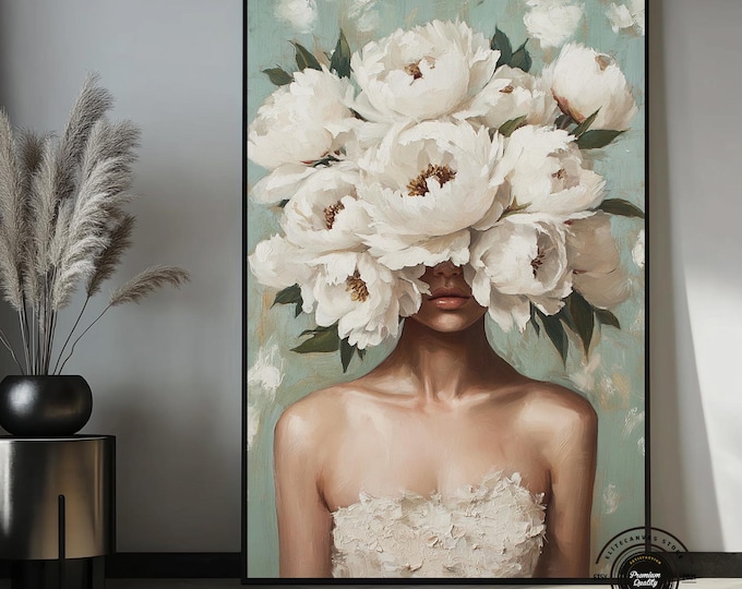 White Peony Woman Canvas Wall Art, Floral Woman Portrait, Elegant Feminine Wall Decor, Modern Botanical Art, Luxury Bedroom Canvas