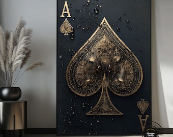 Luxury Ace of Spades Wall Art, Black and Gold Poker Canvas, Vintage Playing Card Decor, Masculine Bar Wall Art, Casino Artwork