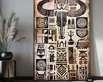 African Tribal Canvas Wall Art, Ethnic Abstract Wall Decor, Black Beige Boho Artwork, Tribal Symbols Print, Modern African Home Decor