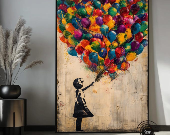 Banksy Style Girl with Balloons Canvas – Colorful Street Art Wall Decor (Ready to Hang)