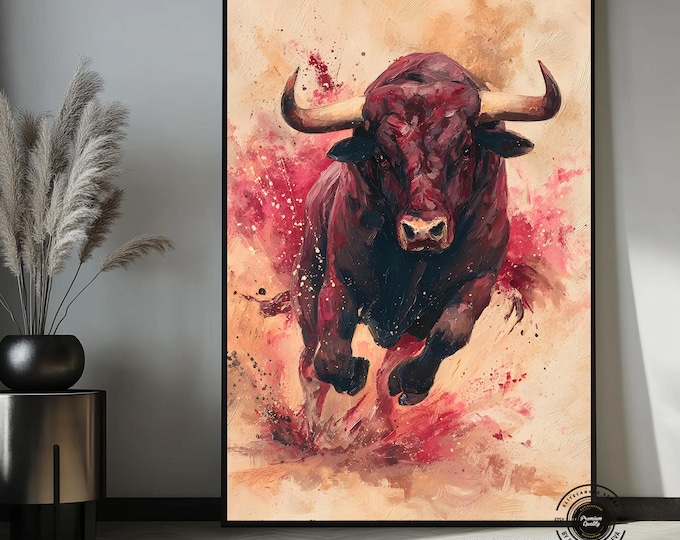 Running Bull Abstract Canvas Art, Powerful Red Animal Painting, Modern Rustic Decor