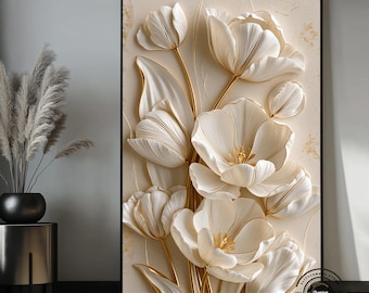 White and Gold Floral Canvas Wall Art, 3D Flower Print, Elegant Neutral Botanical Decor, Modern Bedroom Living Room Artwork