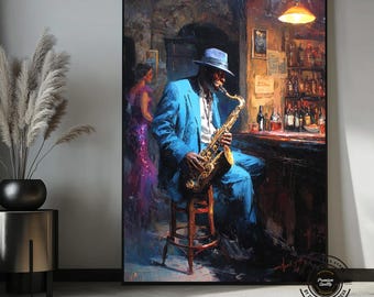 Blue Suit Saxophonist Canvas Art – Moody Jazz Bar Painting