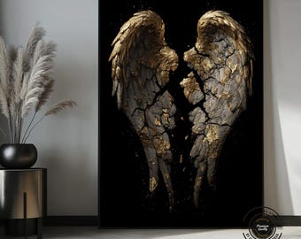 Broken Angel Wings Canvas Art – Black & Gold Abstract Wings, Modern Luxury Wall Decor