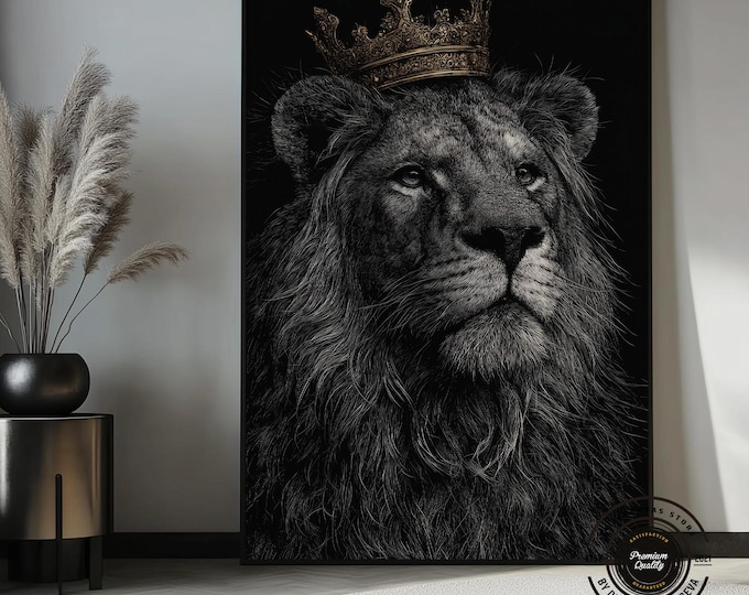 Royal Lion King Canvas – Luxury Black & Gold Crown Wall Art