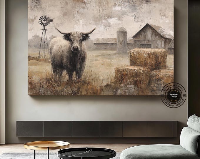 Rustic Highland Cow Canvas Wall Art – Farmhouse Western Home Decor
