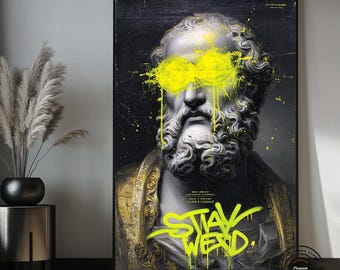 Stay Weird Canvas Wall Art, Neon Graffiti Statue Portrait, Black and Yellow Modern Wall Decor, Urban Pop Art Canvas, Eclectic Home Decor