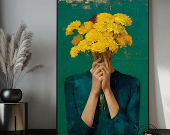 Yellow Flowers Portrait Canvas Art, Surreal Figurative Painting, Modern Wall Decor