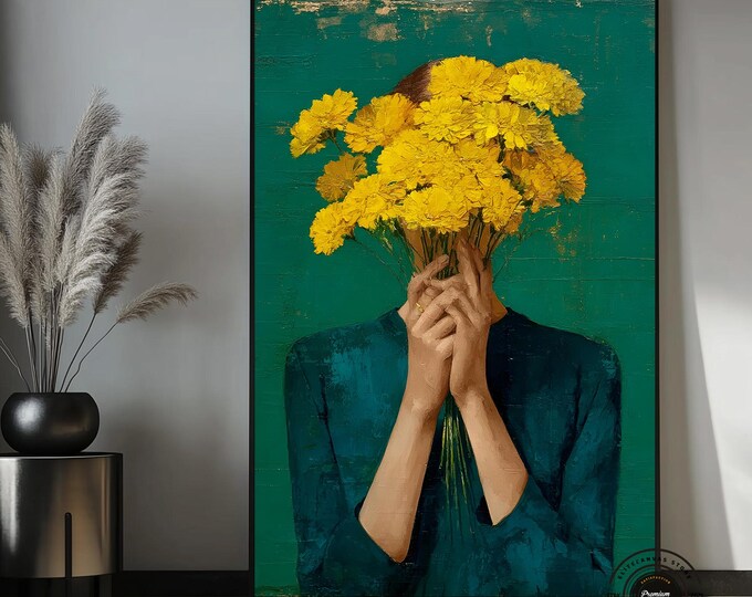 Yellow Flowers Portrait Canvas Art, Surreal Figurative Painting, Modern Wall Decor