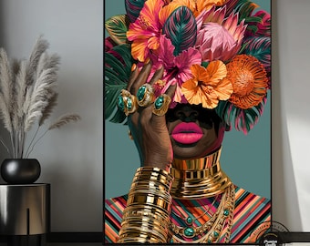 Canvas wanddecoratie met Afrikaanse vrouw, bloemenportret, kleurrijke decoratie met zwarte vrouw, luxe boho canvas kunst, modieuze wanddecoratie