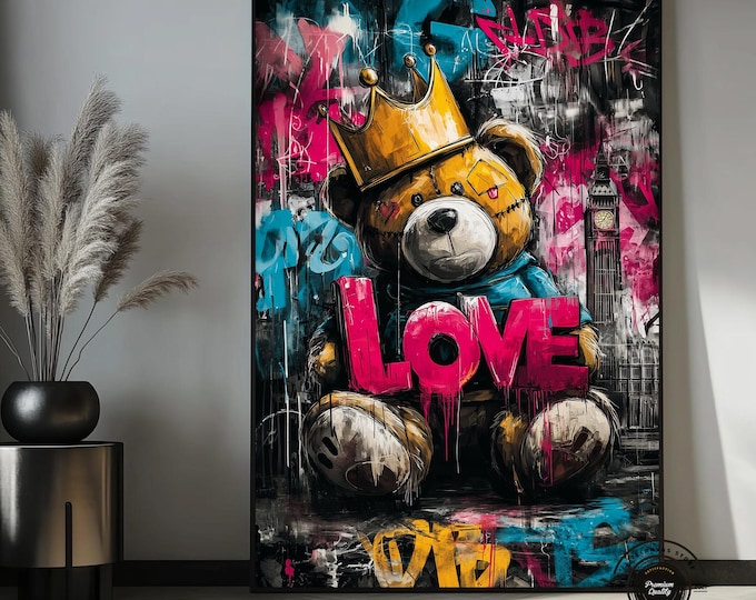 Graffiti Teddy Bear Wall Art – Crowned Bear Love Canvas, Pop Street Art, Modern Urban Home Decor