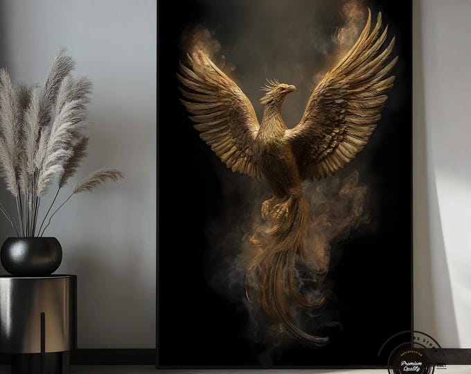 Golden Phoenix Canvas Art – Mythical Fire Bird Wall Art, Luxury Dark Background Statement Decor