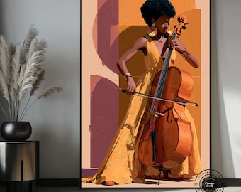 Black Woman Cello Wall Art, African American Musician Print, Jazz Music Wall Decor, Modern Music Poster, Elegant Orange Artwork