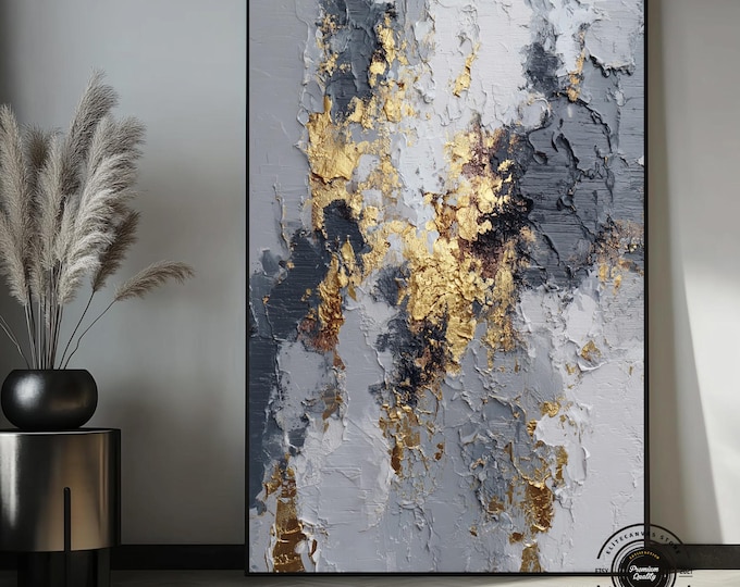 Gold and Grey Abstract Canvas Painting | Luxury Modern Wall Art | Abstract Gold Textured Wall Art