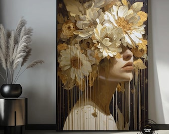 Floral Woman Canvas Wall Art, White Gold Flower Portrait, Luxury Neutral Wall Decor, Modern Feminine Artwork