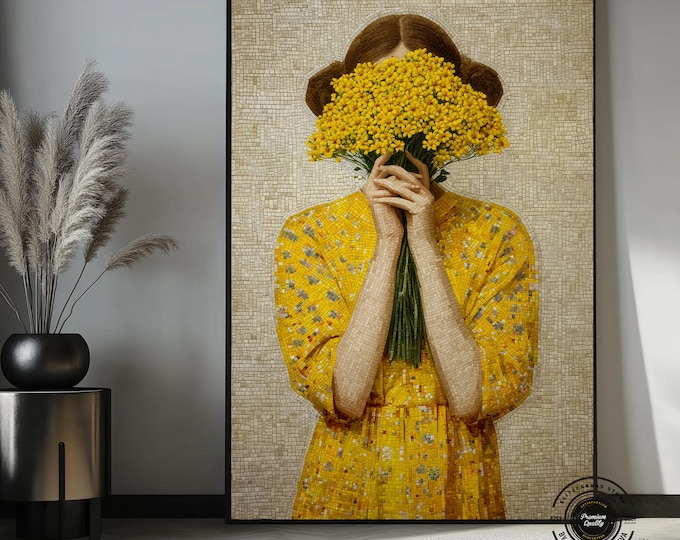 Art Deco Klimt Style Canvas Painting, Yellow Floral Flapper Fashion Wall Decor