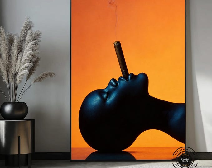 Modern Orange and Blue Woman Art, Smoking Cigar Canvas Wall Art, African American Portrait, Bold Pop Art Decor, Large Vertical Framed Print