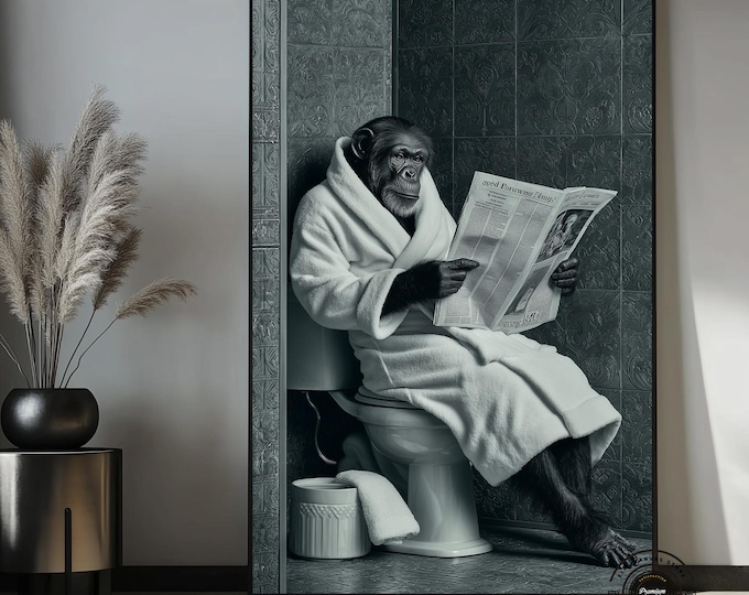 Funny Monkey Canvas Print, Bathroom Humor, Modern Animal Wall Art