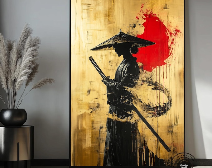 Golden Samurai Canvas Art – Modern Zen, Red Sun Painting