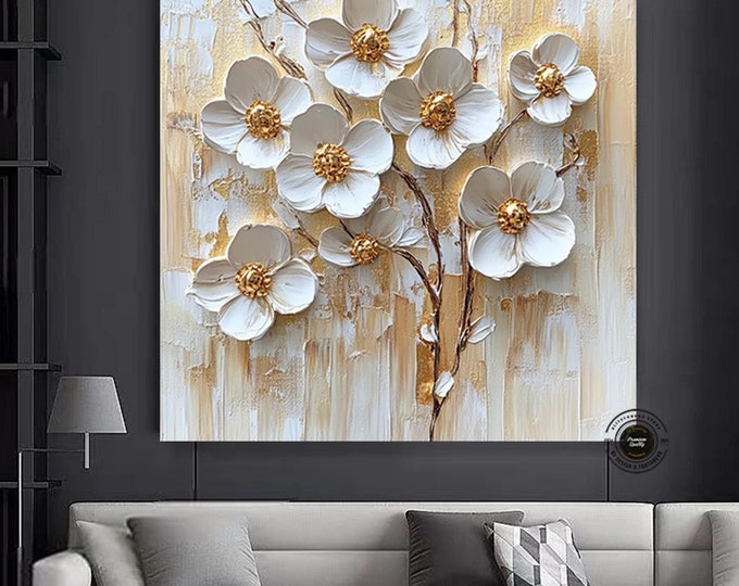 3D Look Flower Canvas Painting, Large Flower Wall Art on Canvas, Cream White Minimalist Flower Art, Modern Living Room Decor, Wall Art