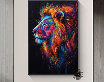 Framed Lion Canvas: Colorful Abstract Lion Wall Art