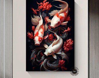 Arte de parede em tela de peixe Koi: impressão da natureza japonesa, pronta para pendurar