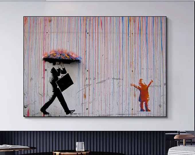 Banksy Wall Art Canvas | Raining | Rainbow Rain Canvas Wall Art Print | Banksy Canvas Print | Urban Modern Art | Banksy Street Art Prints
