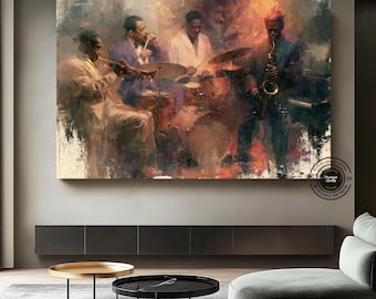 Jazz Band Wall Art, Vintage Jazz Music Canvas, Live Jazz Club Painting, Saxophone Wall Decor, Music Lover Gift, Lounge Room Artwork