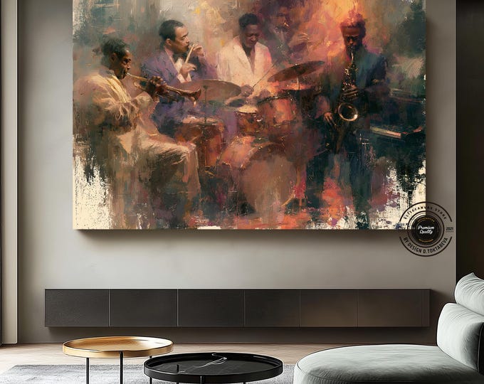 Jazz Band Wall Art, Vintage Jazz Music Canvas, Live Jazz Club Painting, Saxophone Wall Decor, Music Lover Gift, Lounge Room Artwork