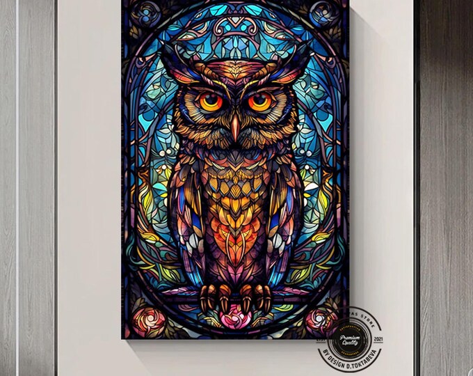 Colorful owl Stained Glass Art, Stained Glass Animals, Kids Room Wall Art, Living Room Wall Art, Extra Large Wall Art, Crow Window Decor