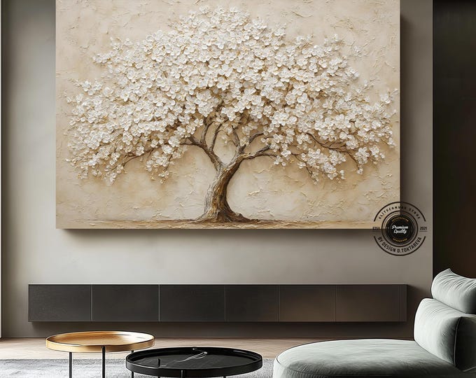 Textured Tree of Life Canvas Painting, White Blossoms, Beige Modern Wall Art