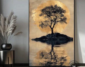 Tree of Life Canvas Art, Gold Sun Reflection Print, Zen Nature Landscape Decor