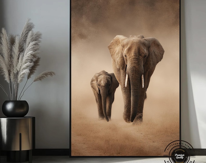 Elephant Canvas Wall Art, Mother and Baby Elephant Print, African Safari Decor, Neutral Wildlife Art, Large Elephant Canvas