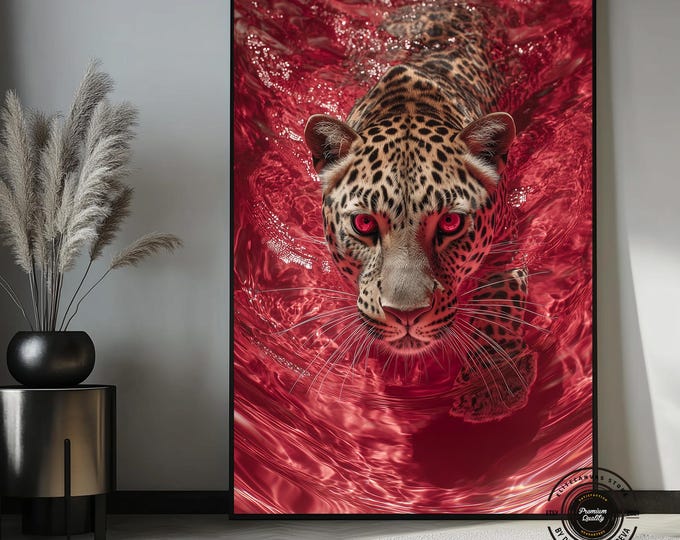 Red Swimming Leopard Canvas Print, Luxury Wild Jaguar Wall Art, Modern Abstract Animal Poster, Large Framed Canvas Decor for Living Room