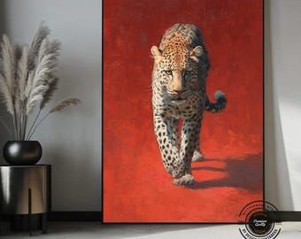 Majestic Leopard Canvas Art – Red Background Wild Animal Wall Art, Modern Luxury Home Decor