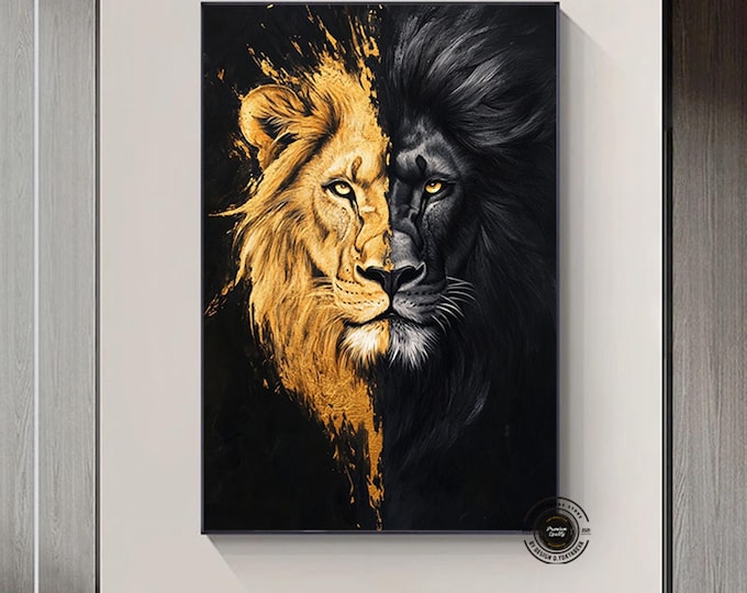 The Lion King Wall Art, Lion Black Gold Abstract Painting Extra Large Canvas Painting, Game Room,Canvas Wall Decor Ready to Hang