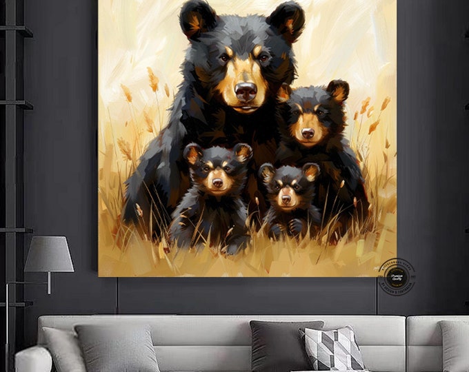 Wildlife Bear Family Canvas Art, Nature Decor for Nursery, Inspirational Gift, Forest Wall Art, Animal Print